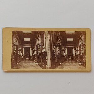 ANTIQUE Stereograph Card Sculpture Gallery Luxemburg Palace Paris France